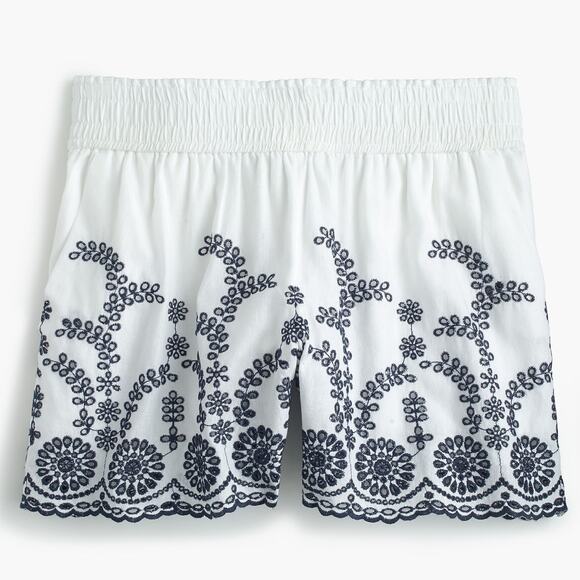 J. Crew Pull-on Short - Size M - White & Navy Floral Embroidery Scalloped Trim - Picture 1 of 9